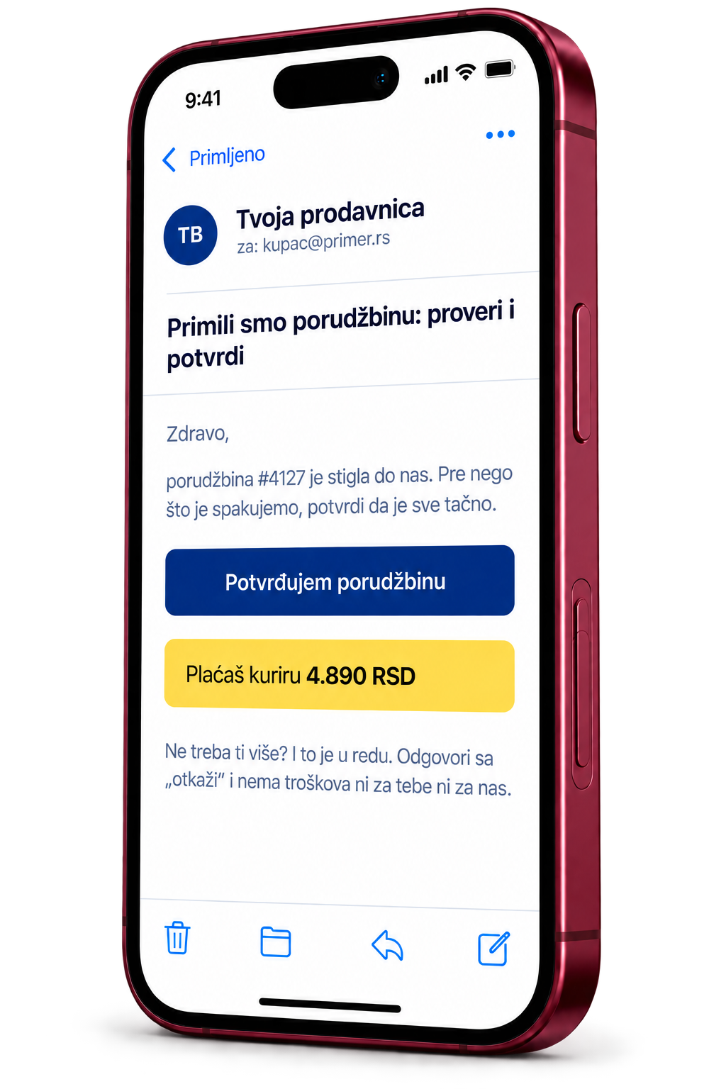 Bordo telefon sa primerom imejla za potvrdu porudžbine, iznosom za kurira i jednostavnim otkazivanjem